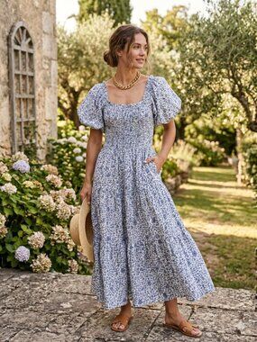 Blue Floral Puff-Sleeve Casual Dress with Smocked Bodice